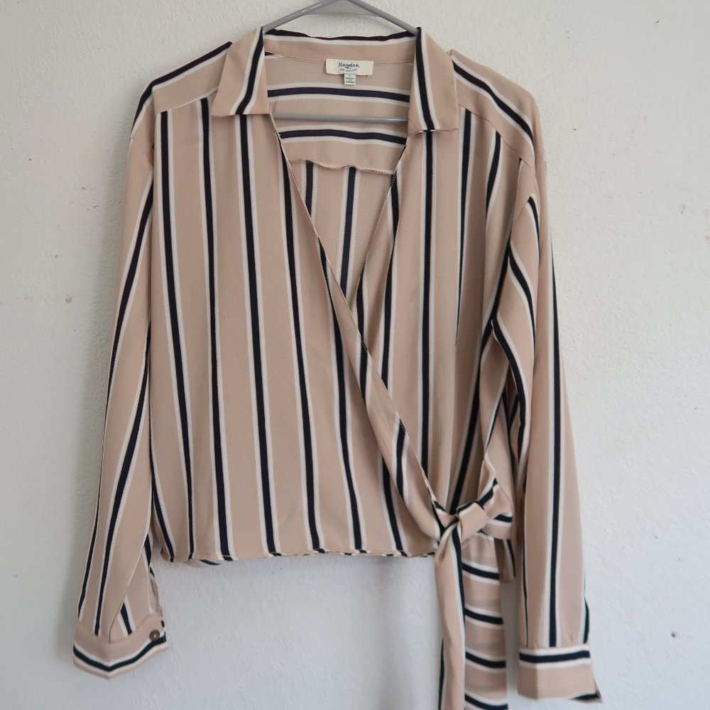 Cute Crossover Tie Striped Dress Shirt